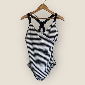 Kona Sol Shirred Macrame Strap Navy Blue White Striped One-Piece Swimsuit (L)